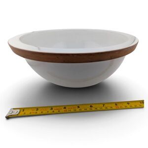 Heavy Stoneware Serving Bowl White Glaze Exposed Brown Clay Rim 11" Unmarked